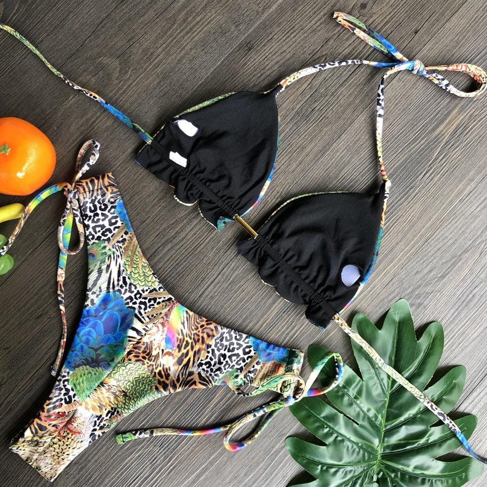 Women Push-up Bikini Swimwear Adjustable Swimsuit Bathing Suit Beachwear Women's Tie Bikini Lace Up Bottom String Swimsuit Bandage Swim Beach Wear Summer Comfortable Bikini Set Stevvex
