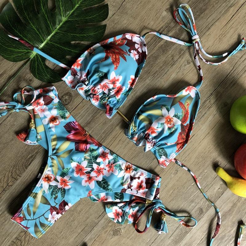 Women Push-up Bikini Swimwear Adjustable Swimsuit Bathing Suit Beachwear Women's Tie Bikini Lace Up Bottom String Swimsuit Bandage Swim Beach Wear Summer Comfortable Bikini Set Stevvex