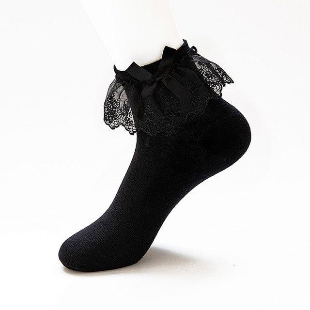 Women Lace Mesh Black White Cotton Socks Japanese Maiden Lovely Short Socks Frilly Ruffle Princess Socks For Women Stevvex