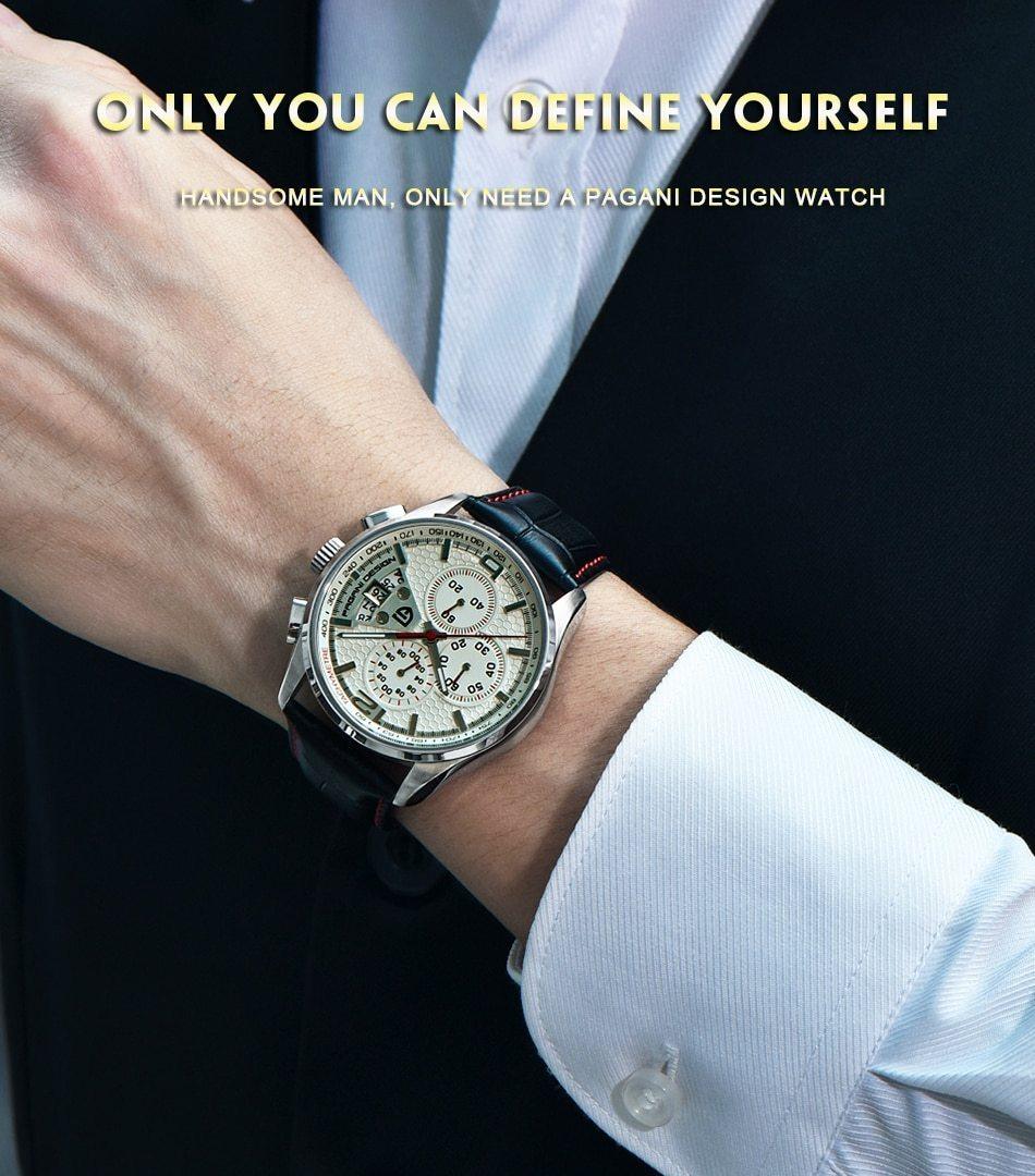 Multifunction Luxury Mens Watches Quartz Chronograph Sport Design Leather Band Strap Comfortable Wrist Watch For Men Stevvex