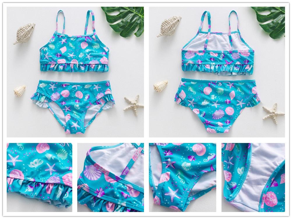 3-16Y Cartoon Two-piece Girls Swimwear Ruffle Swimsuit Bikini Set One Shoulder Beachwear Princess Two Piece Bathing Suit Children Swimwear Girls Swimsuit Bikini Set Stevvex
