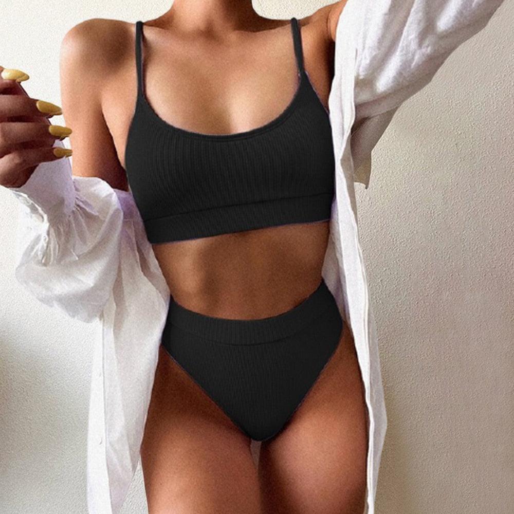 Swimwear Women Ribbed Bathing Suit Female Push Up Bikini Set Women's Bathing Suit Lace up Bikini Ribbed Two Piece Swimsuit Beachwear High Waist Bikini Women's Swimsuit Stevvex