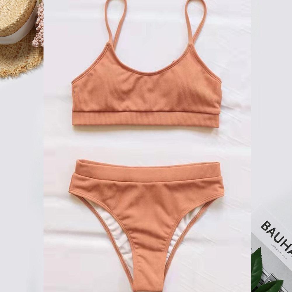 Swimwear Women Ribbed Bathing Suit Female Push Up Bikini Set Women's Bathing Suit Lace up Bikini Ribbed Two Piece Swimsuit Beachwear High Waist Bikini Women's Swimsuit Stevvex