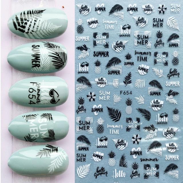 Summer Tropical Beach Coconut Tree Slippers 3D Nail Sticker Leaves Shell Transfer Decals Slider Decoration Manicures  Tip Water Transfer Nail Decals Sticker For Pretty Girl Self-Adhesive Nail Decals Designer Nail Stickers for Acrylic Stevvex