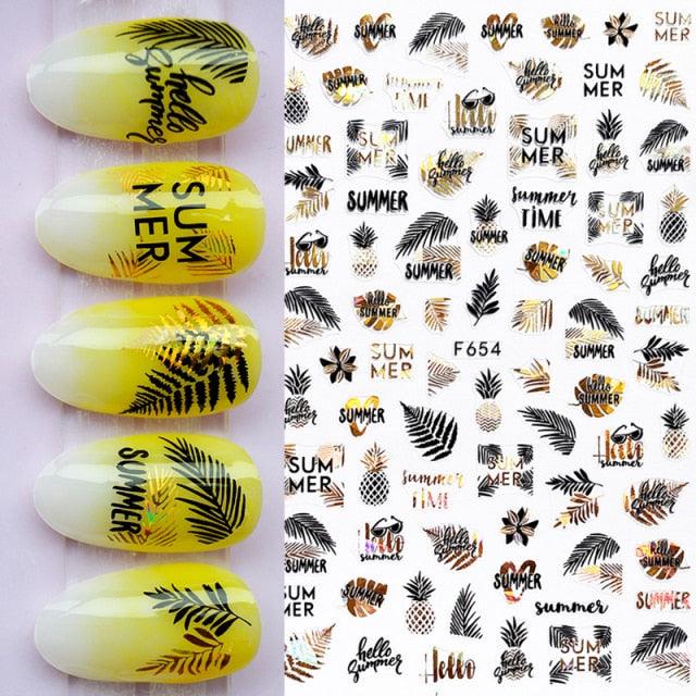 Summer Tropical Beach Coconut Tree Slippers 3D Nail Sticker Leaves Shell Transfer Decals Slider Decoration Manicures  Tip Water Transfer Nail Decals Sticker For Pretty Girl Self-Adhesive Nail Decals Designer Nail Stickers for Acrylic Stevvex