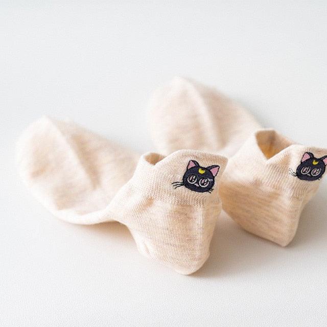 Cartoon Anime Embroidered Boat Socks Ins Trend Moon Cute Sweet Cat Socks Slippers Happy Funny Cotton Girl Socks Cute Short Boat Socks For Men And Women Stevvex