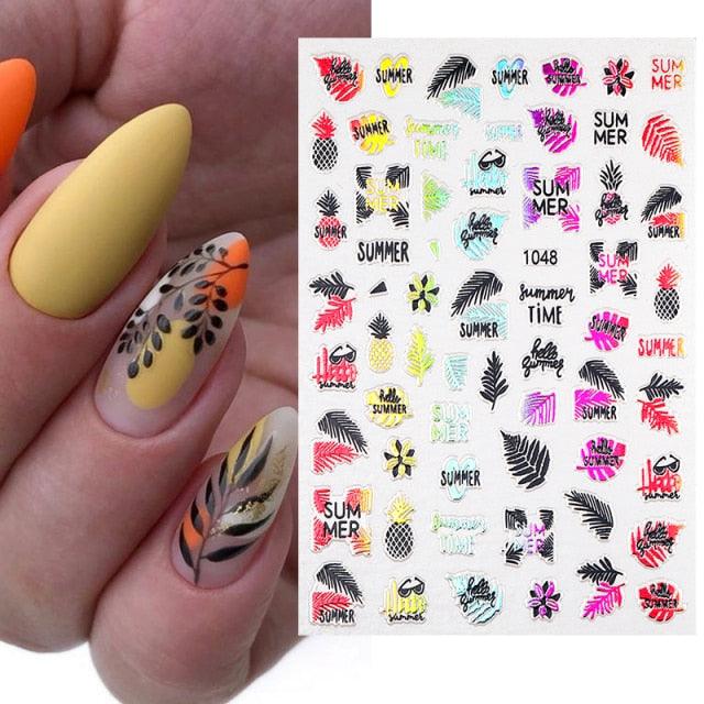 Summer Tropical Beach Coconut Tree Slippers 3D Nail Sticker Leaves Shell Transfer Decals Slider Decoration Manicures  Tip Water Transfer Nail Decals Sticker For Pretty Girl Self-Adhesive Nail Decals Designer Nail Stickers for Acrylic Stevvex