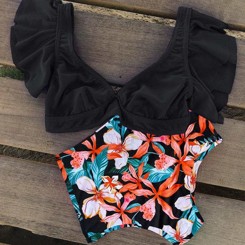 High Waist Ruffled Bikini Set Flounce Swimwear Women Two Pieces Swimsuit Swimsuit for Women Two Pieces Bathing Suits Tummy Control Flounce Top with High Waist Bottom Floral Beachwear V-neck Bathing Suit Stevvex