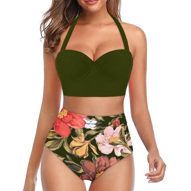 High Waist Bikini Leaf Print Swimsuit Women Push Up Swimwear Female Halter Bathing Suit Vintage Swimming Suit Women Vintage Underwire High Waist Swimsuit Two Pieces Halter Lace Up Adjustable Bikini Top Stevvex