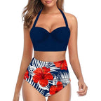 High Waist Bikini Leaf Print Swimsuit Women Push Up Swimwear Female Halter Bathing Suit Vintage Swimming Suit Women Vintage Underwire High Waist Swimsuit Two Pieces Halter Lace Up Adjustable Bikini Top Stevvex