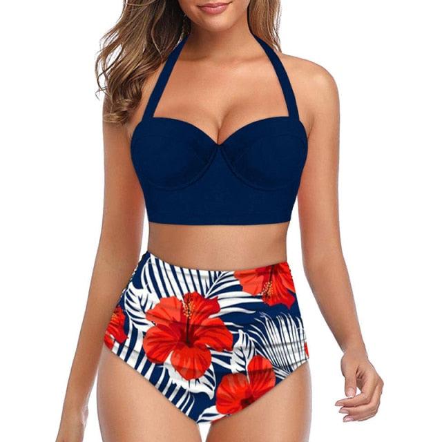 High Waist Bikini Leaf Print Swimsuit Women Push Up Swimwear Female Halter Bathing Suit Vintage Swimming Suit Women Vintage Underwire High Waist Swimsuit Two Pieces Halter Lace Up Adjustable Bikini Top Stevvex