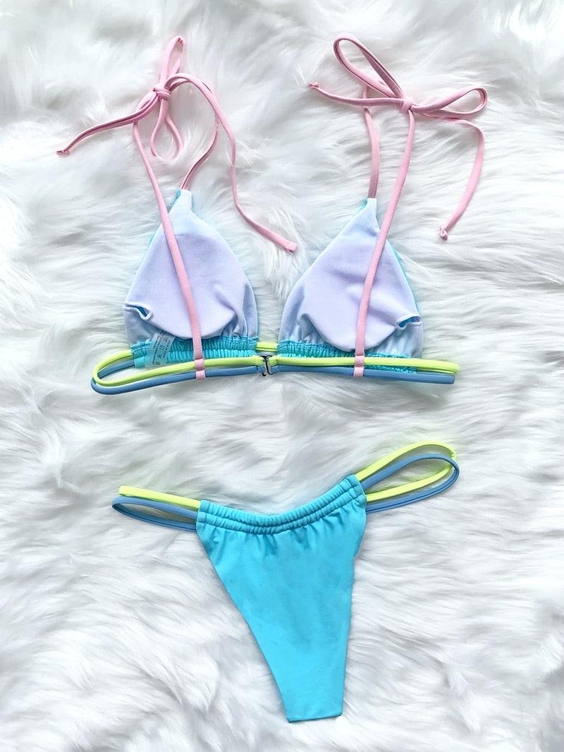 Micro Bikini Set For Women Black Blue Green Pink String Swimwear Women's Halter String Triangle Bikini Set Charming Swimwear Two Piece Swimsuit Women's Swimsuit Push Up Bathers Bathing Suit Bikinis Stevvex