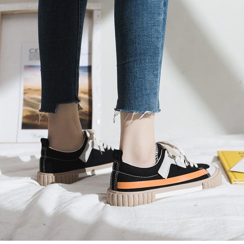 Womens New Spring Fashion Canvas Casual Flats Striped Vulcanize Fashion Style Sneakers Low-Cut Trainers Canvas Flat Sneakers Casual Slip On Canvas Comfortable Design Stevvex