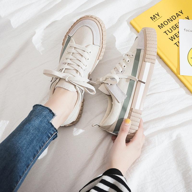 Womens New Spring Fashion Canvas Casual Flats Striped Vulcanize Fashion Style Sneakers Low-Cut Trainers Canvas Flat Sneakers Casual Slip On Canvas Comfortable Design Stevvex