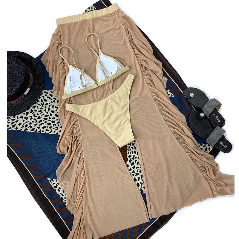 Solid bikini Mesh 3 Pieces Set Swimsuit 3 Pieces Swimsuit Solid Padded Swimwear with Maxi Wrap Skirt Beach Vacation Swim Bath Wear Women Elegant Swimwear Female Ruffle Swimming Suit Sports Bathing Suit Stevvex
