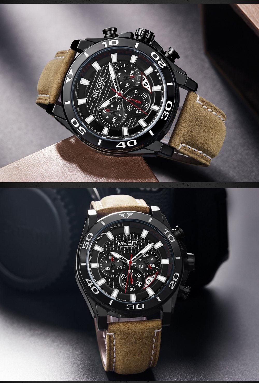 Men's Sports Multifunctional Quartz Watches Elegant Leather Strap Waterproof Modern Wristwatch For Men Stevvex