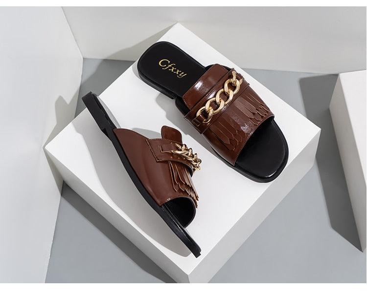 Summer New Women Slippers Open-Toe Flat Slippers Fashion Buckle Beach Slides Casual Flip Flops Women Shoes Slip On Comfortable Pointed Toe Loafers Women Luxury Black Sandals Stevvex