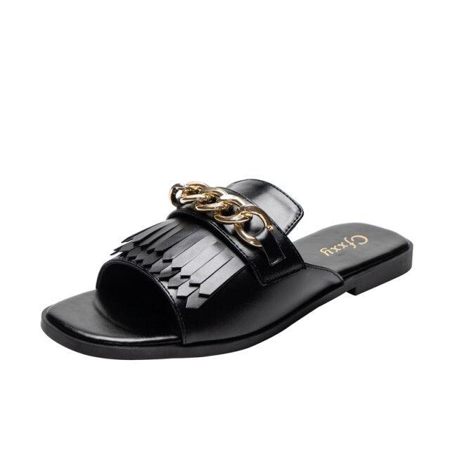 Summer New Women Slippers Open-Toe Flat Slippers Fashion Buckle Beach Slides Casual Flip Flops Women Shoes Slip On Comfortable Pointed Toe Loafers Women Luxury Black Sandals Stevvex