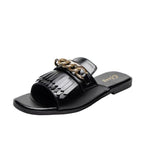 Summer New Women Slippers Open-Toe Flat Slippers Fashion Buckle Beach Slides Casual Flip Flops Women Shoes Slip On Comfortable Pointed Toe Loafers Women Luxury Black Sandals Stevvex