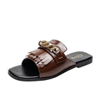 Summer New Women Slippers Open-Toe Flat Slippers Fashion Buckle Beach Slides Casual Flip Flops Women Shoes Slip On Comfortable Pointed Toe Loafers Women Luxury Black Sandals Stevvex