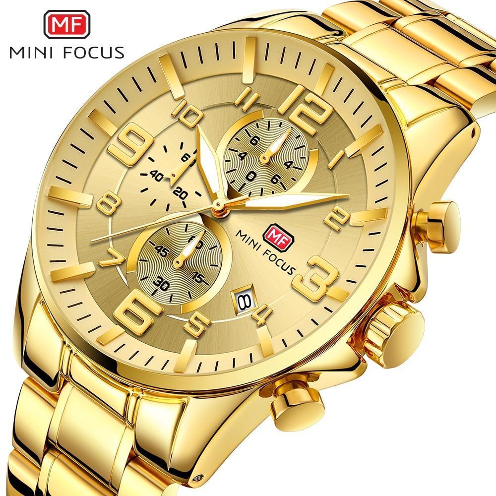 Luxury Gold Mens Watches Elegant Stainsteel Steel Strap Waterproof Sport Analog Quartz Luminous Hands Watch Stevvex