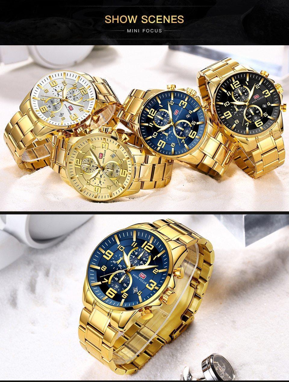 Luxury Gold Mens Watches Elegant Stainsteel Steel Strap Waterproof Sport Analog Quartz Luminous Hands Watch Stevvex