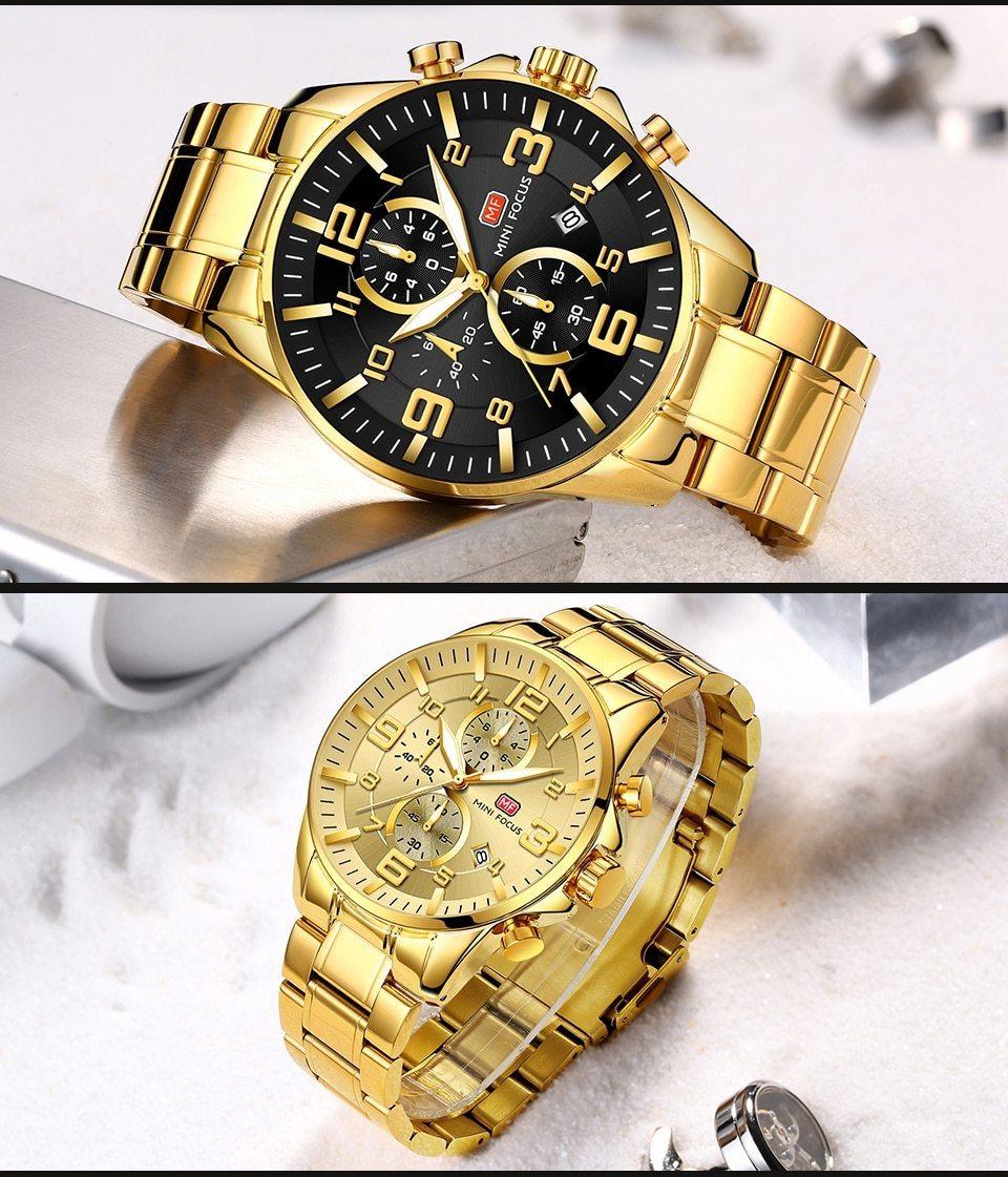 Luxury Gold Mens Watches Elegant Stainsteel Steel Strap Waterproof Sport Analog Quartz Luminous Hands Watch Stevvex
