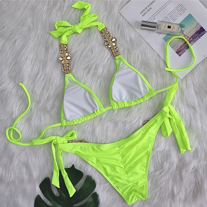 Luxury Purple Halter Crystal Diamond Bikini Female Swimsuit Women Swimwear Rhinestone Bikini Set Bathing Suit Women's Swimwear Rhinestone Halter Low Waist Tie Side Bikini Set 2 Pieces Crystal Diamond Swimsuit Stevvex