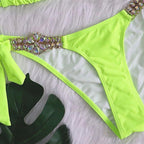 Luxury Purple Halter Crystal Diamond Bikini Female Swimsuit Women Swimwear Rhinestone Bikini Set Bathing Suit Women's Swimwear Rhinestone Halter Low Waist Tie Side Bikini Set 2 Pieces Crystal Diamond Swimsuit Stevvex