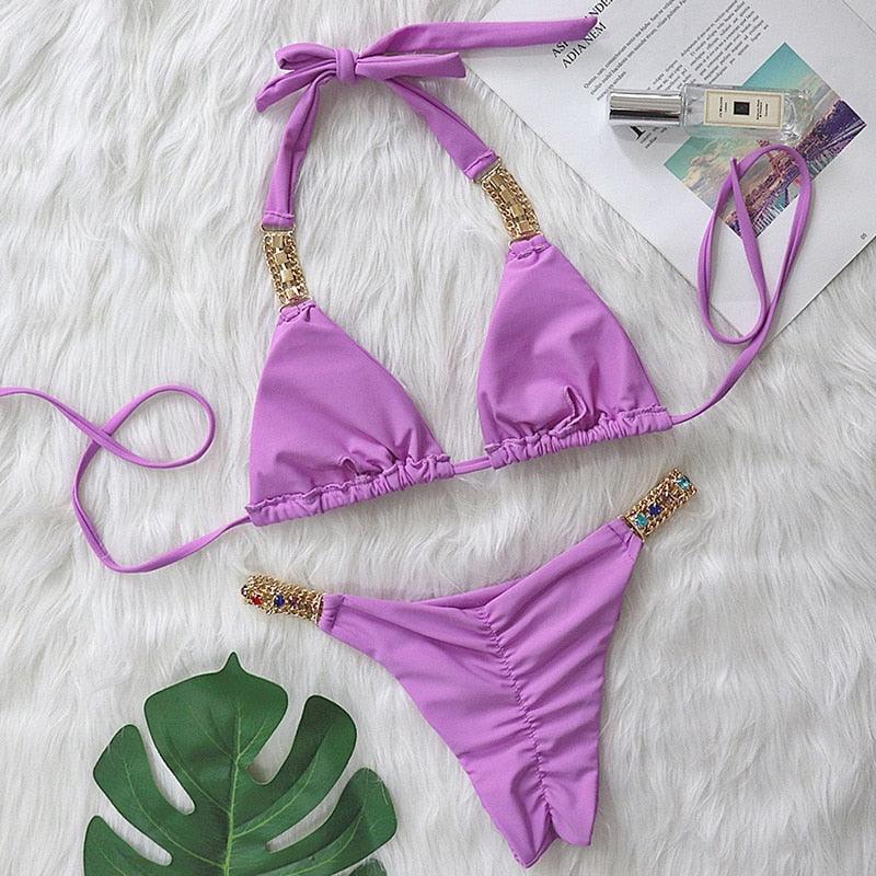Luxury Purple Halter Crystal Diamond Bikini Female Swimsuit Women Swimwear Rhinestone Bikini Set Bathing Suit Women's Swimwear Rhinestone Halter Low Waist Tie Side Bikini Set 2 Pieces Crystal Diamond Swimsuit Stevvex