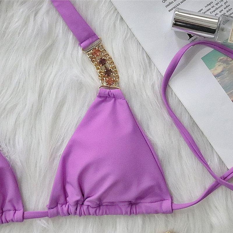 Luxury Purple Halter Crystal Diamond Bikini Female Swimsuit Women Swimwear Rhinestone Bikini Set Bathing Suit Women's Swimwear Rhinestone Halter Low Waist Tie Side Bikini Set 2 Pieces Crystal Diamond Swimsuit Stevvex