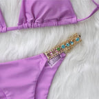 Luxury Purple Halter Crystal Diamond Bikini Female Swimsuit Women Swimwear Rhinestone Bikini Set Bathing Suit Women's Swimwear Rhinestone Halter Low Waist Tie Side Bikini Set 2 Pieces Crystal Diamond Swimsuit Stevvex