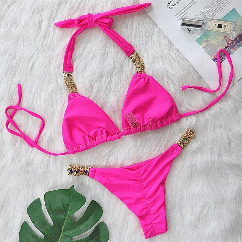 Luxury Purple Halter Crystal Diamond Bikini Female Swimsuit Women Swimwear Rhinestone Bikini Set Bathing Suit Women's Swimwear Rhinestone Halter Low Waist Tie Side Bikini Set 2 Pieces Crystal Diamond Swimsuit Stevvex