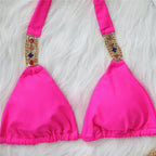 Luxury Purple Halter Crystal Diamond Bikini Female Swimsuit Women Swimwear Rhinestone Bikini Set Bathing Suit Women's Swimwear Rhinestone Halter Low Waist Tie Side Bikini Set 2 Pieces Crystal Diamond Swimsuit Stevvex