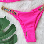 Luxury Purple Halter Crystal Diamond Bikini Female Swimsuit Women Swimwear Rhinestone Bikini Set Bathing Suit Women's Swimwear Rhinestone Halter Low Waist Tie Side Bikini Set 2 Pieces Crystal Diamond Swimsuit Stevvex