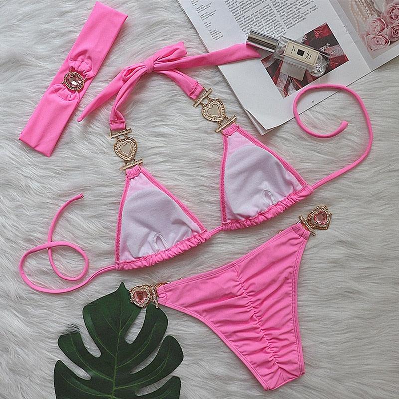 Luxury Purple Halter Crystal Diamond Bikini Female Swimsuit Women Swimwear Rhinestone Bikini Set Bathing Suit Women's Swimwear Rhinestone Halter Low Waist Tie Side Bikini Set 2 Pieces Crystal Diamond Swimsuit Stevvex
