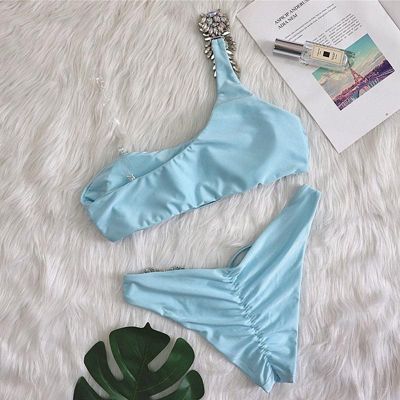 Luxury Purple Halter Crystal Diamond Bikini Female Swimsuit Women Swimwear Rhinestone Bikini Set Bathing Suit Women's Swimwear Rhinestone Halter Low Waist Tie Side Bikini Set 2 Pieces Crystal Diamond Swimsuit Stevvex