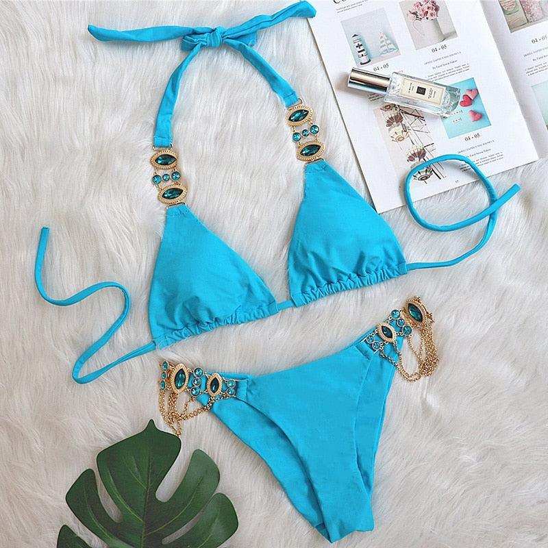 Luxury Purple Halter Crystal Diamond Bikini Female Swimsuit Women Swimwear Rhinestone Bikini Set Bathing Suit Women's Swimwear Rhinestone Halter Low Waist Tie Side Bikini Set 2 Pieces Crystal Diamond Swimsuit Stevvex