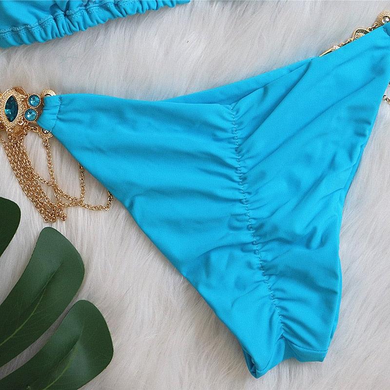 Luxury Purple Halter Crystal Diamond Bikini Female Swimsuit Women Swimwear Rhinestone Bikini Set Bathing Suit Women's Swimwear Rhinestone Halter Low Waist Tie Side Bikini Set 2 Pieces Crystal Diamond Swimsuit Stevvex