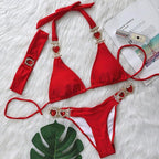 Luxury Purple Halter Crystal Diamond Bikini Female Swimsuit Women Swimwear Rhinestone Bikini Set Bathing Suit Women's Swimwear Rhinestone Halter Low Waist Tie Side Bikini Set 2 Pieces Crystal Diamond Swimsuit Stevvex