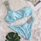 Luxury Purple Halter Crystal Diamond Bikini Female Swimsuit Women Swimwear Rhinestone Bikini Set Bathing Suit Women's Swimwear Rhinestone Halter Low Waist Tie Side Bikini Set 2 Pieces Crystal Diamond Swimsuit Stevvex