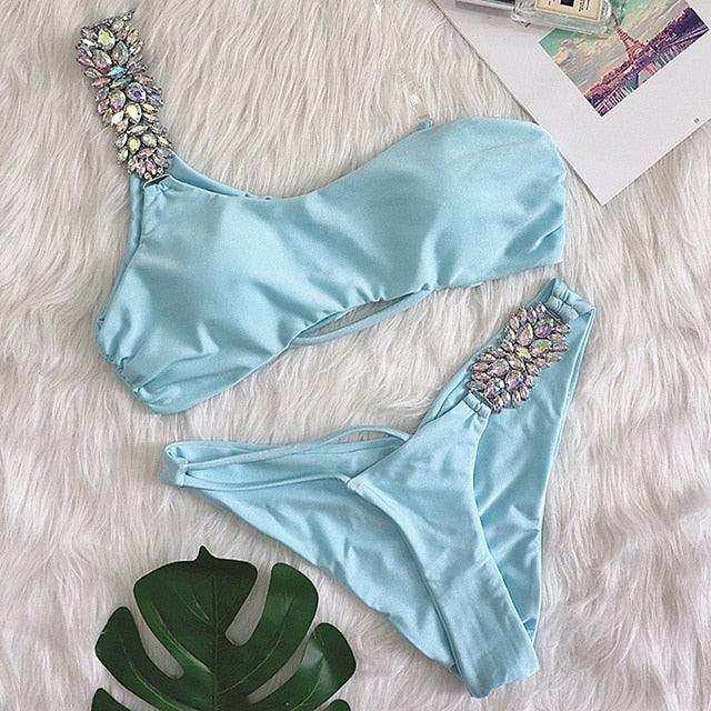 Luxury Purple Halter Crystal Diamond Bikini Female Swimsuit Women Swimwear Rhinestone Bikini Set Bathing Suit Women's Swimwear Rhinestone Halter Low Waist Tie Side Bikini Set 2 Pieces Crystal Diamond Swimsuit Stevvex
