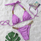 Luxury Purple Halter Crystal Diamond Bikini Female Swimsuit Women Swimwear Rhinestone Bikini Set Bathing Suit Women's Swimwear Rhinestone Halter Low Waist Tie Side Bikini Set 2 Pieces Crystal Diamond Swimsuit Stevvex