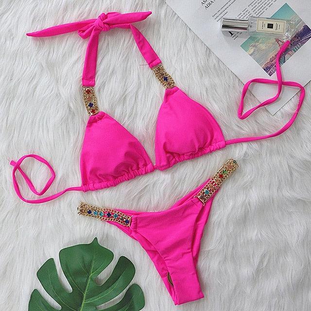 Luxury Purple Halter Crystal Diamond Bikini Female Swimsuit Women Swimwear Rhinestone Bikini Set Bathing Suit Women's Swimwear Rhinestone Halter Low Waist Tie Side Bikini Set 2 Pieces Crystal Diamond Swimsuit Stevvex