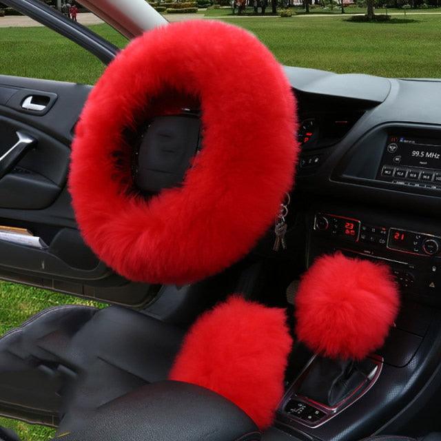 3PCS Fur Steering Wheel Cover Set Real Sheepskin Auto Plush Warm Fluffy Fuzzy Women Winter Fashion Wool Fur Soft Furry Steering Wheel Covers Blue Fluffy Handbrake Cover Gear Shift Cover Fuzz Warm Non-slip Car Decoration Car Accessories for Women Girl Stevvex