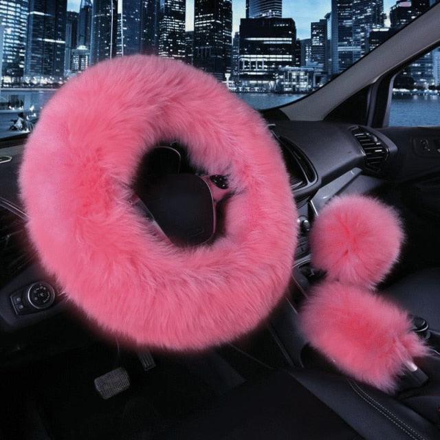 3PCS Fur Steering Wheel Cover Set Real Sheepskin Auto Plush Warm Fluffy Fuzzy Women Winter Fashion Wool Fur Soft Furry Steering Wheel Covers Blue Fluffy Handbrake Cover Gear Shift Cover Fuzz Warm Non-slip Car Decoration Car Accessories for Women Girl Stevvex