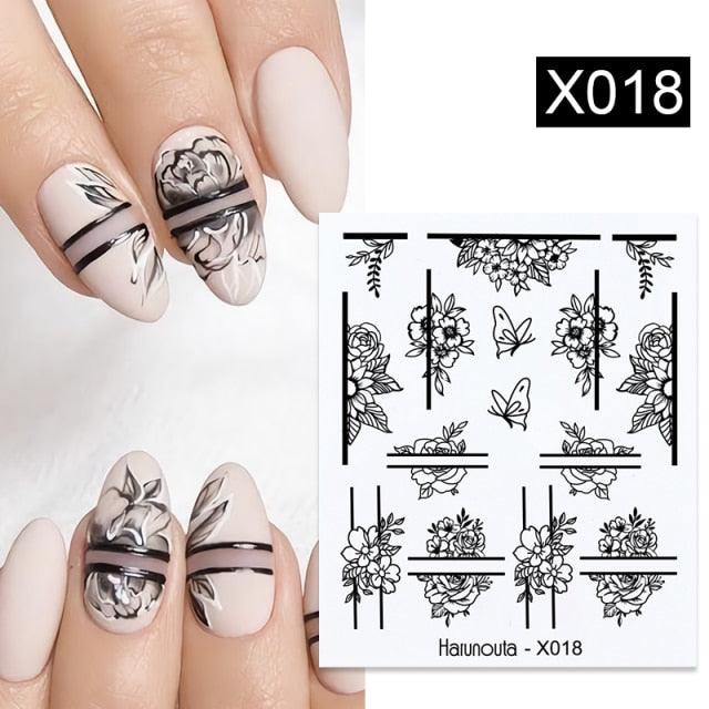 Black Lines Flower Leaves Water Decals Stickers Floral Face Marble Pattern Slider For Nails Summer Nail Art Decoration Summer Stickers on Nails Simple Summer Slider for Manicure Nail Art Watermark Manicure Decor Stevvex