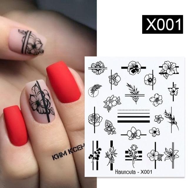 Black Lines Flower Leaves Water Decals Stickers Floral Face Marble Pattern Slider For Nails Summer Nail Art Decoration Summer Stickers on Nails Simple Summer Slider for Manicure Nail Art Watermark Manicure Decor Stevvex