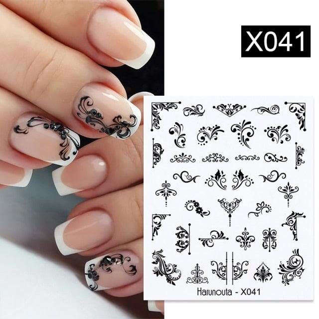 Black Lines Flower Leaves Water Decals Stickers Floral Face Marble Pattern Slider For Nails Summer Nail Art Decoration Summer Stickers on Nails Simple Summer Slider for Manicure Nail Art Watermark Manicure Decor Stevvex