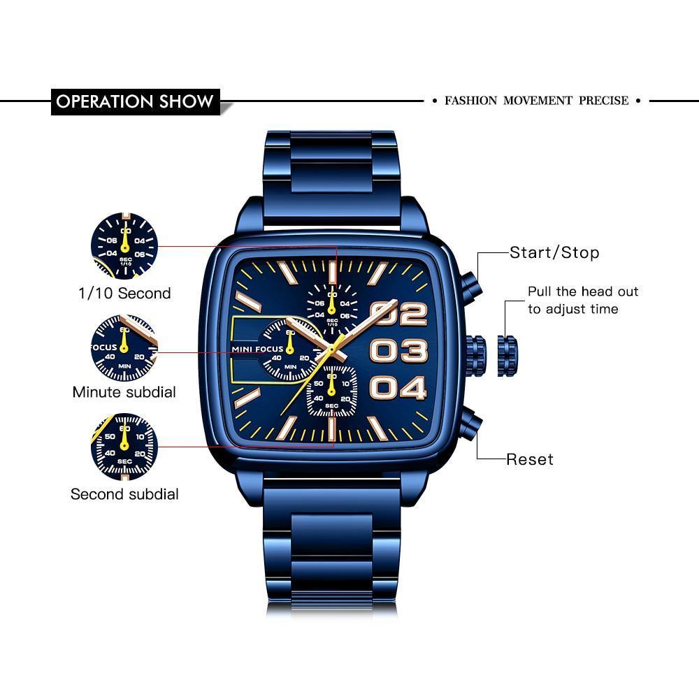 Elegant Business Square Mens Watch Multifunctional Waterproof Stainless Steel Design Big Wrist Watch Stevvex